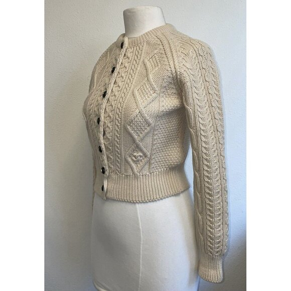 Vintage CHANEL Pure Wool Cable-Knit CC Button Beige Cropped Cardigan Sweater 38 - Picture 3 of 16